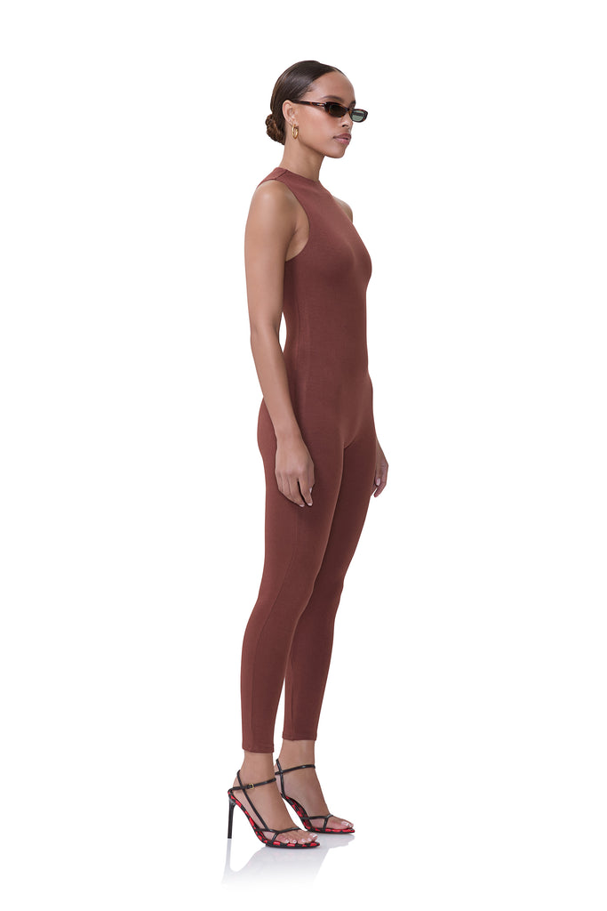 women's sleeveless jumpsuit with mockneck in cocoa