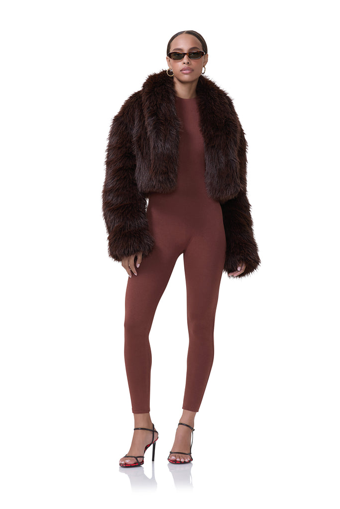 women's sleeveless jumpsuit with mockneck in cocoa with oversized fur in java