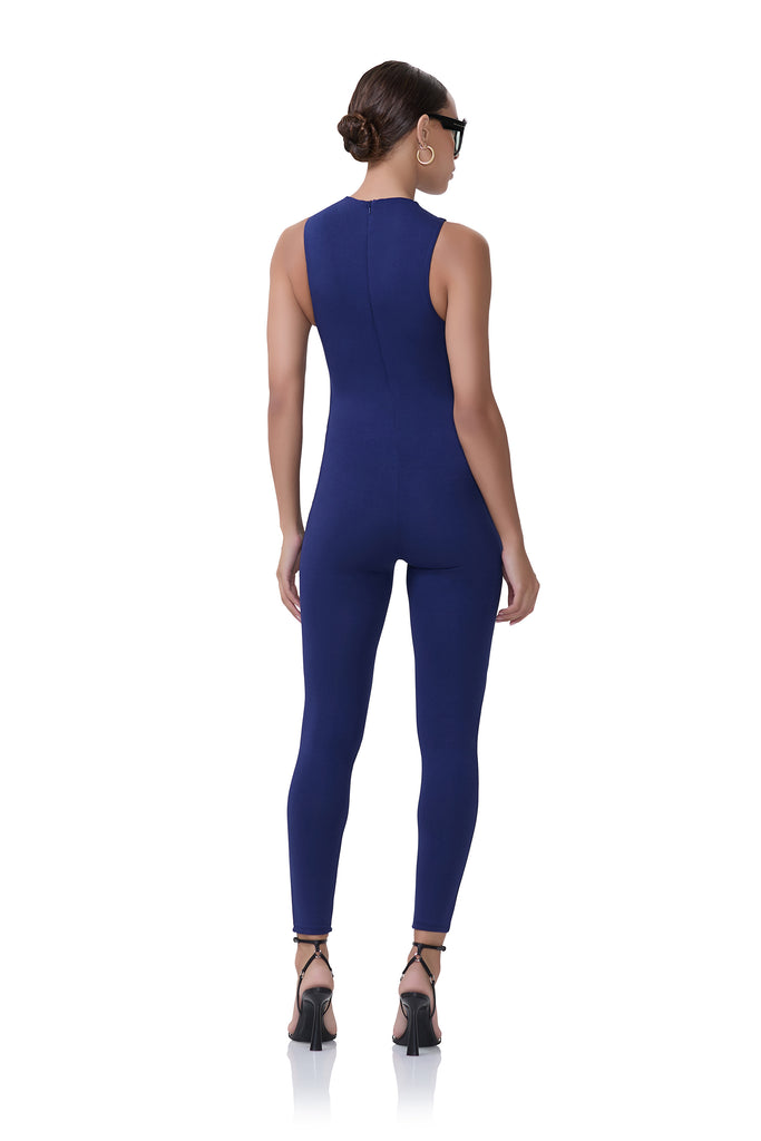 women's sleeveless bright navy jumpsuit with mockneck