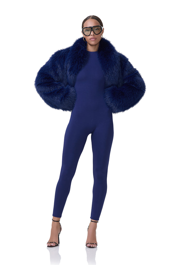 women's sleeveless bright navy jumpsuit with mockneck and oversized fur in dark navy 