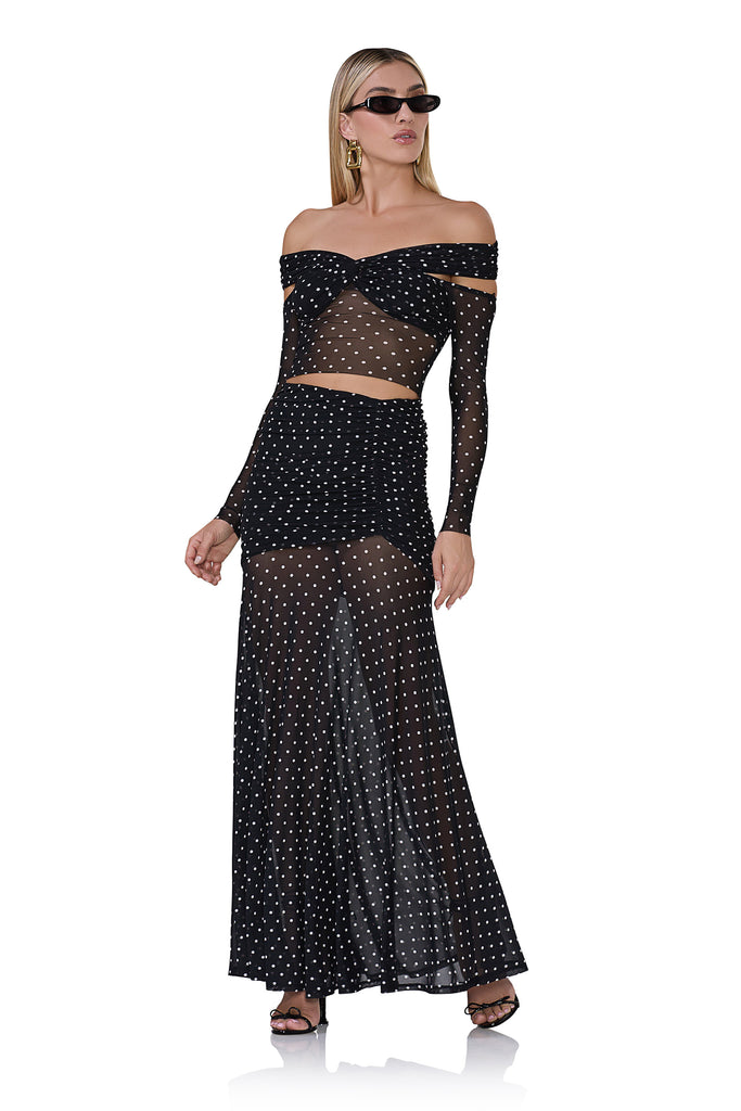 women's mid rise mesh maxi shirt with asymmetrical v-front waistline in noir dot print 