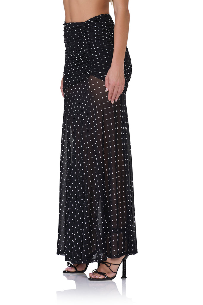 women's mid rise mesh maxi shirt with asymmetrical v-front waistline in noir dot print 