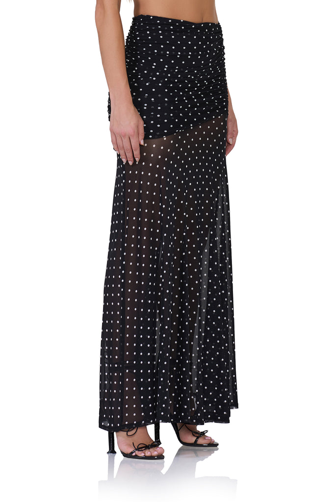 women's mid rise mesh maxi shirt with asymmetrical v-front waistline in noir dot print 