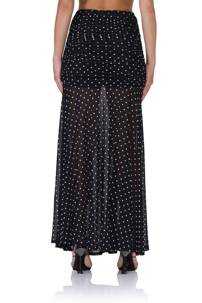 women's mid rise mesh maxi shirt with asymmetrical v-front waistline in noir dot print 