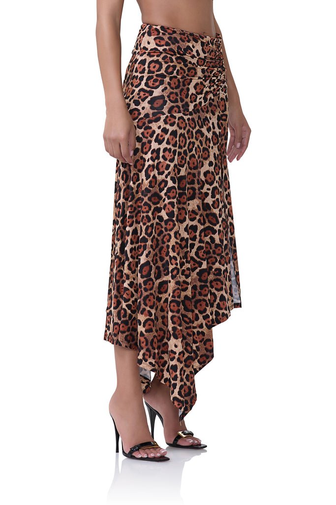 women's shiny knit mid rise skirt with high low asymmetrical hemline detail in cocoa leopard print