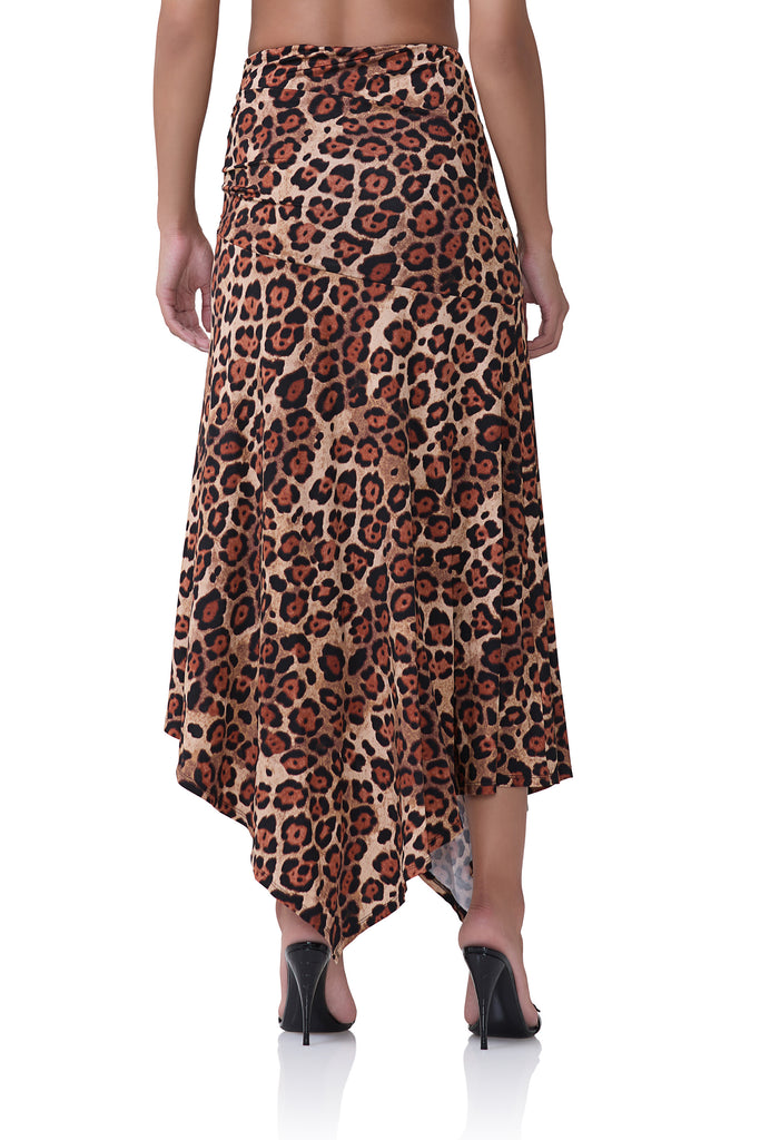 women's shiny knit mid rise skirt with high low asymmetrical hemline detail in cocoa leopard print