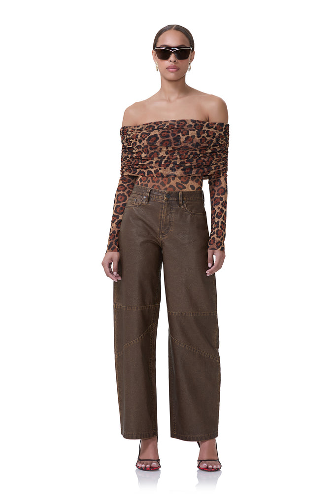 women's mesh long sleeve off the shoulder bodysuit in cocoa leopard print