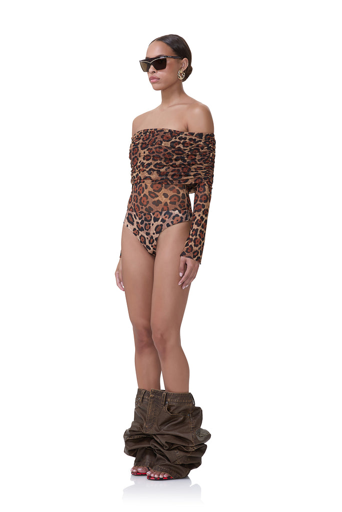 women's mesh long sleeve off the shoulder bodysuit in cocoa leopard print