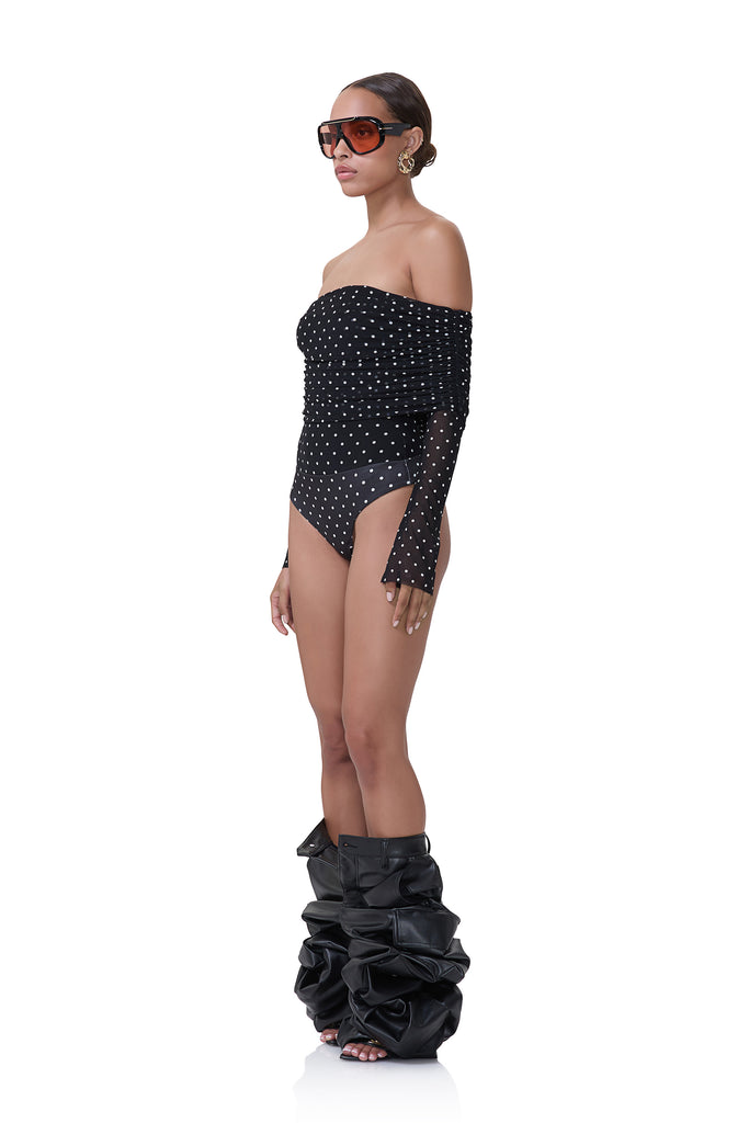 women's mesh long sleeve off the shoulder bodysuit in noir dot print