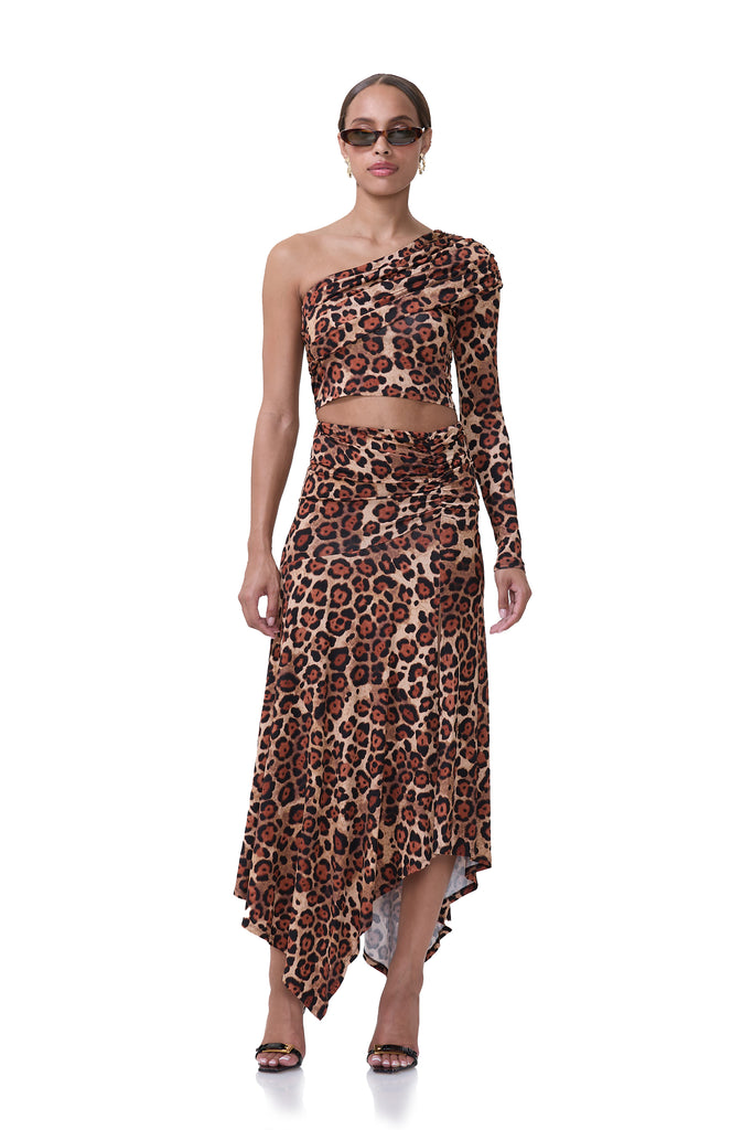 women's off the shoulder top with asymmetrical neckline in shiny knit fabrication in cocoa leopard print