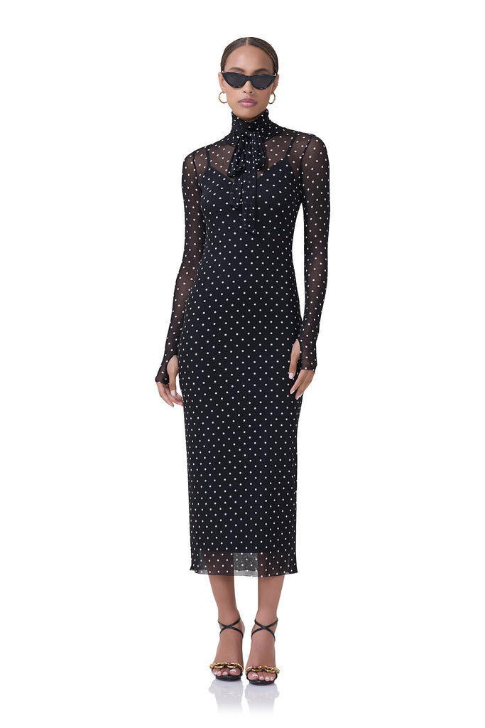 women's long sleeve midi length mesh dress with adjustable pussy bow and removable slip in noir dot print