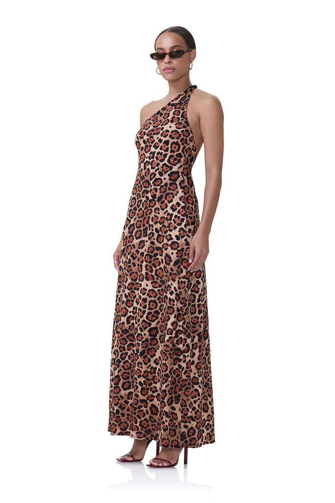 women's maxi dress with shoulder strap detail and open back in shiny knit fabrication and cocoa leopard print