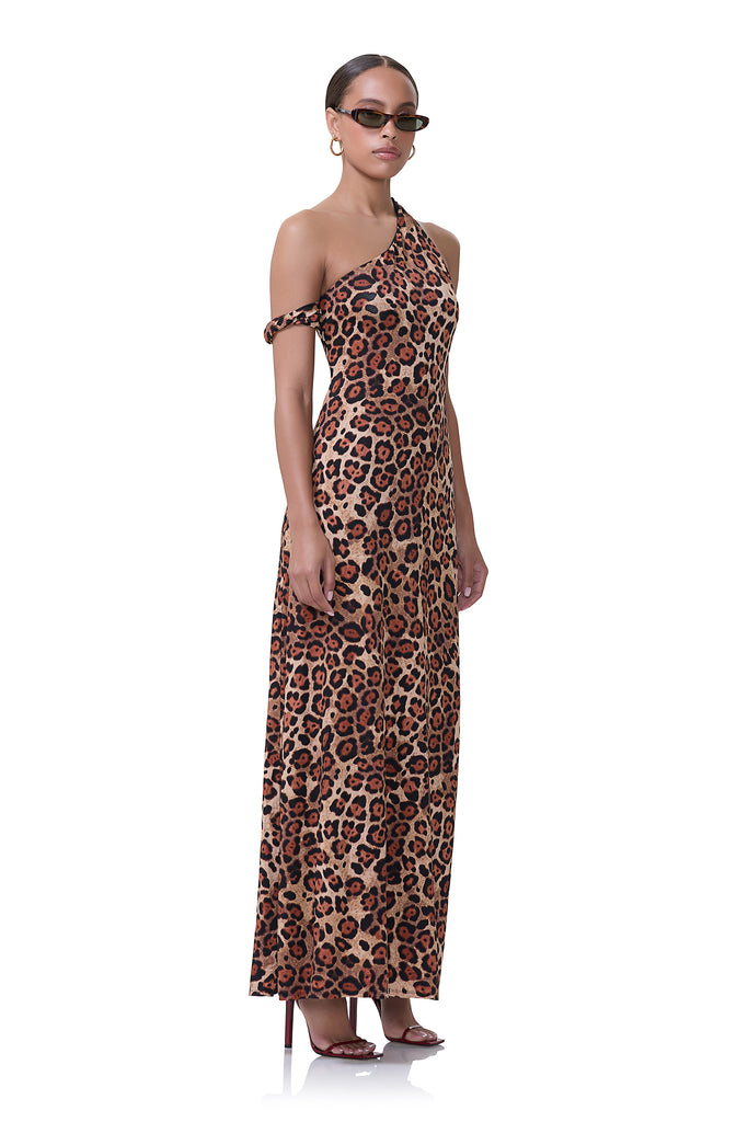 women's maxi dress with shoulder strap detail and open back in shiny knit fabrication and cocoa leopard print