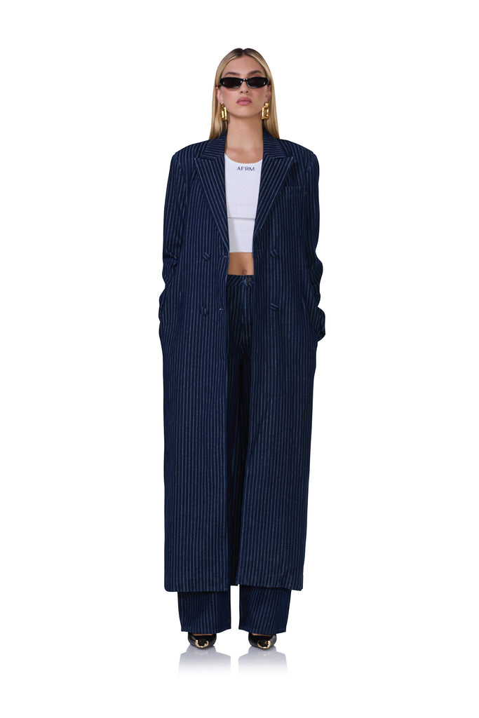 women's pin stripe maxi blazer in dark wash