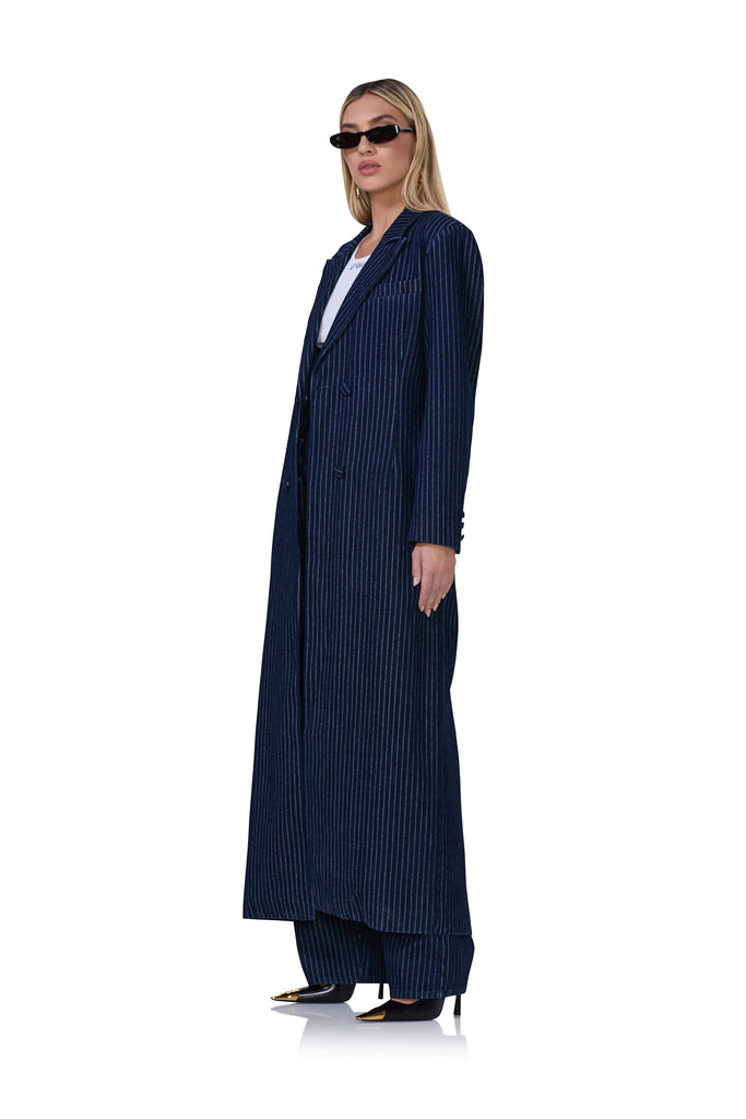 women's pin stripe maxi blazer in dark wash