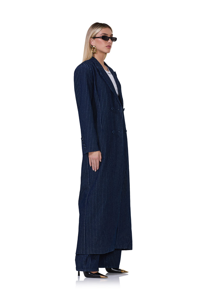 women's pin stripe maxi blazer in dark wash