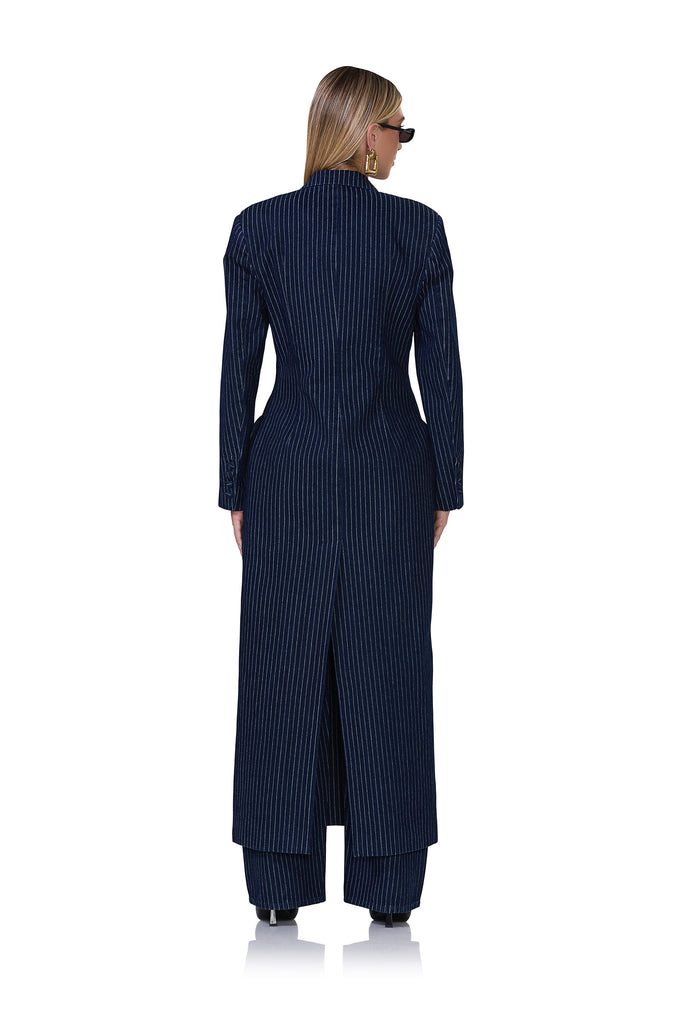 women's pin stripe maxi blazer in dark wash