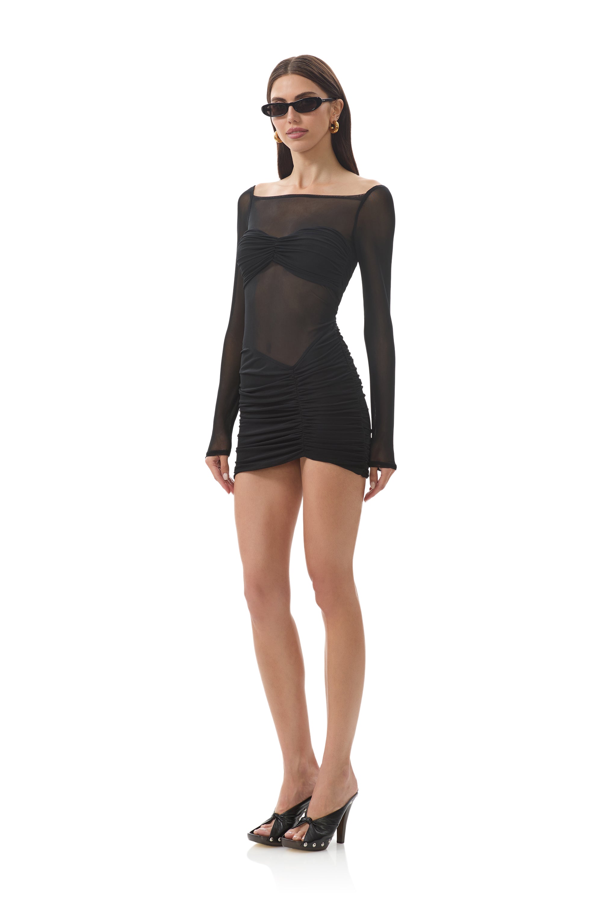 afrm sheer long sleeve lace mini dress in black AFRM Ekko Rhinestone Sheer Mesh High Neck Long Sleeve Mini Dress