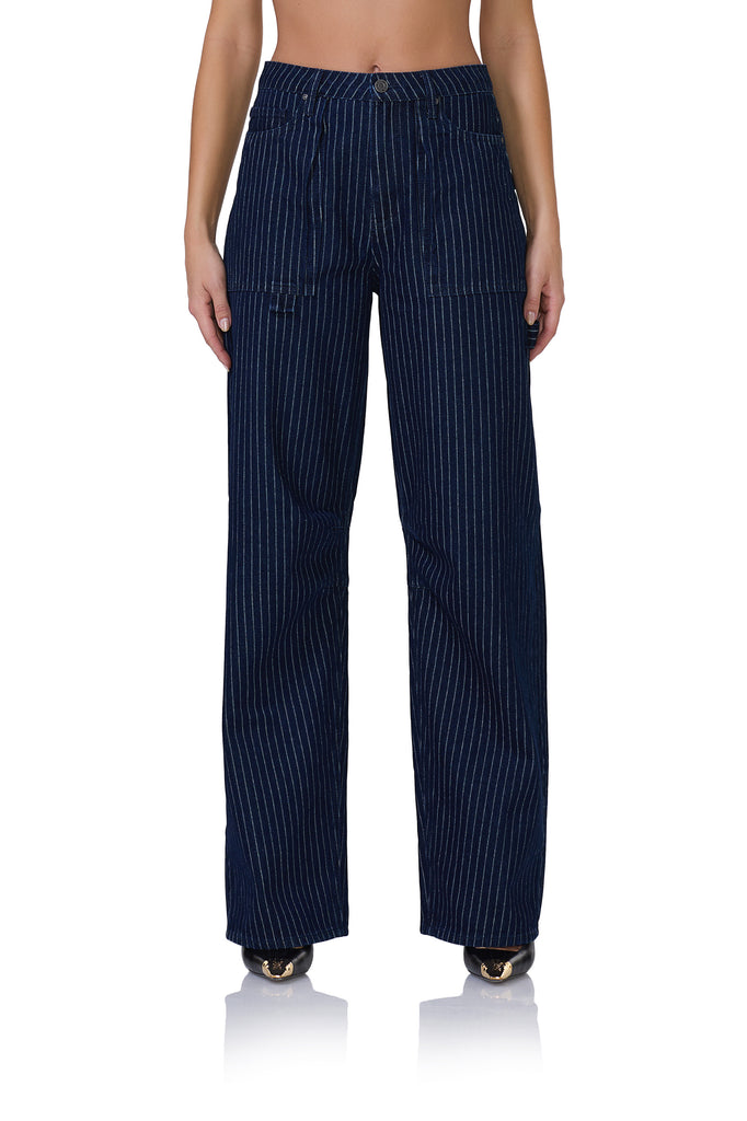 women's pin stripe barrel pant in dark wash