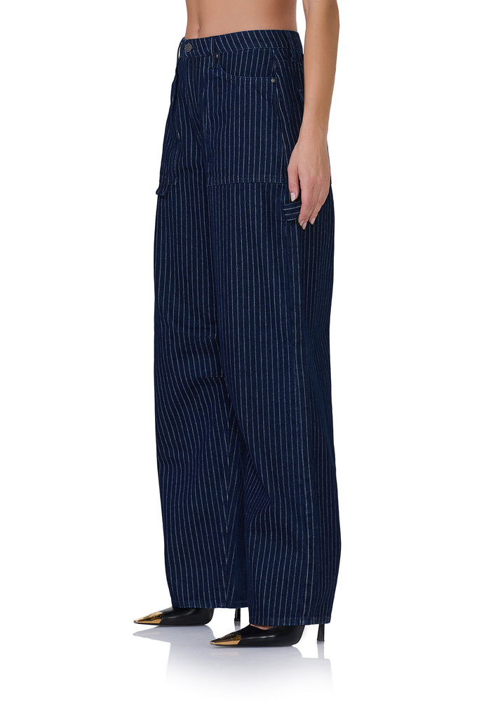 women's pin stripe barrel pant in dark wash