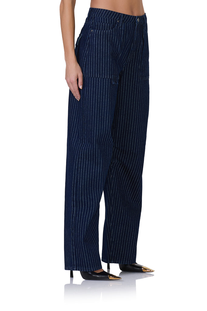 women's pin stripe barrel pant in dark wash