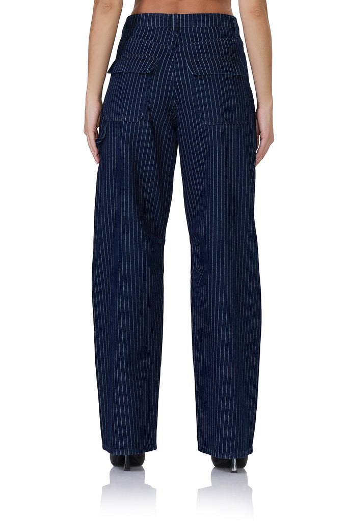 women's pin stripe barrel pant in dark wash