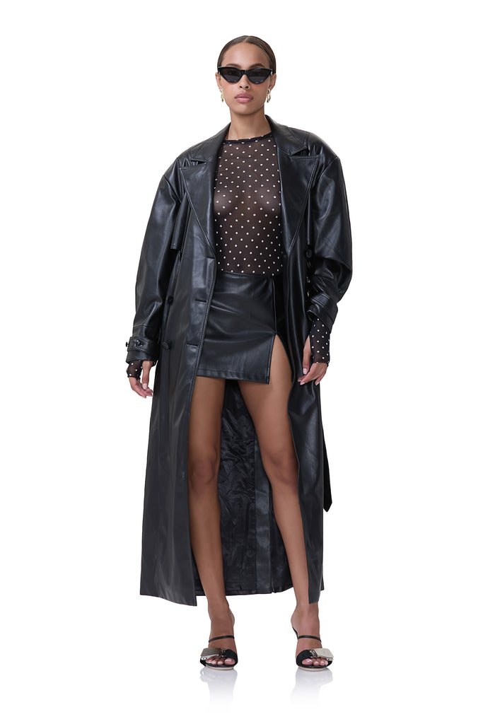 women's oversized black faux leather trench coat 