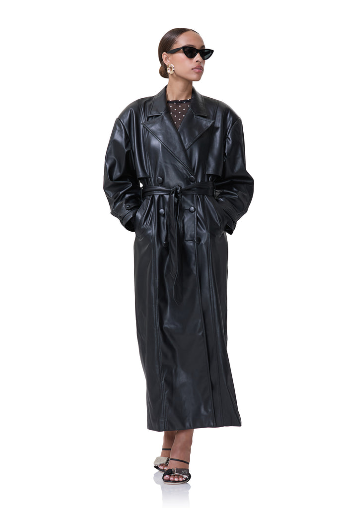 women's oversized black faux leather trench coat 