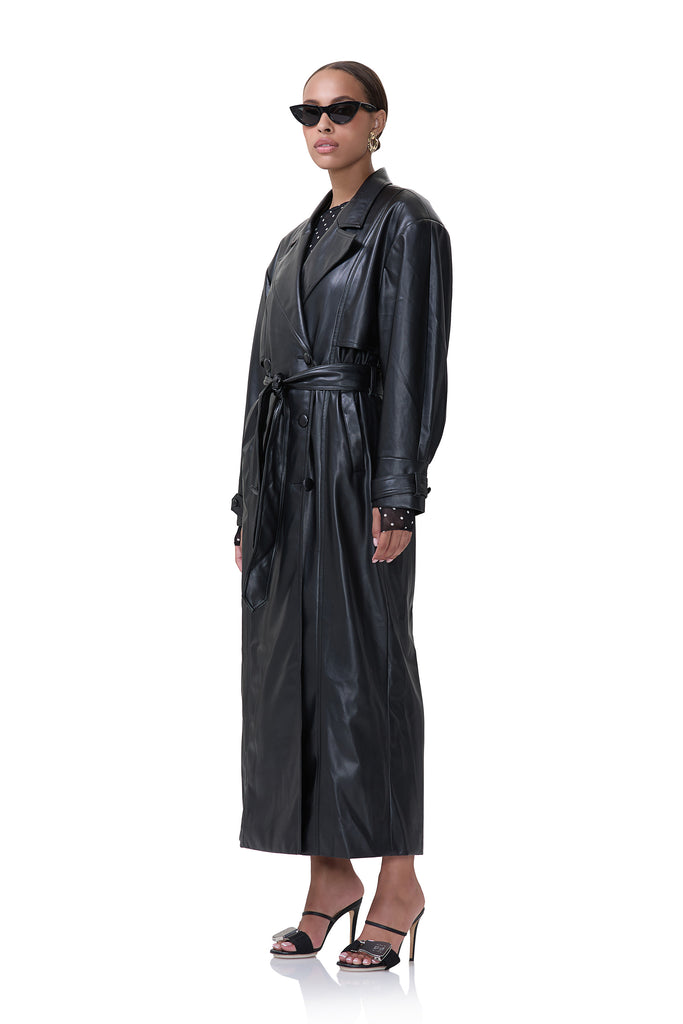 women's oversized black faux leather trench coat 