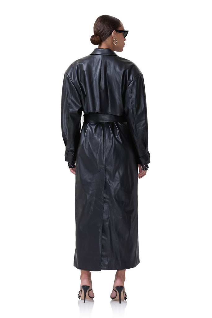 women's oversized black faux leather trench coat 