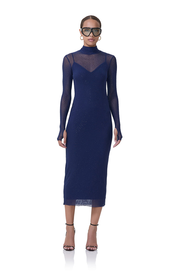 women's power mesh midi turtleneck fitted silhouette dress that includes a removable slip in rhinestone bright navy