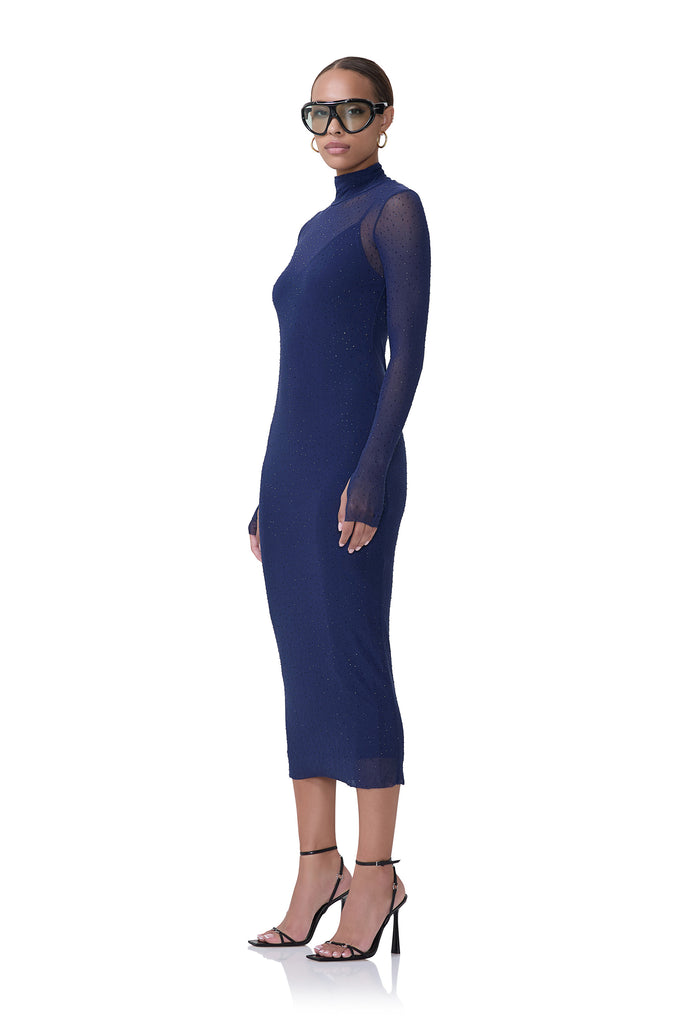 women's power mesh midi turtleneck fitted silhouette dress that includes a removable slip in rhinestone bright navy