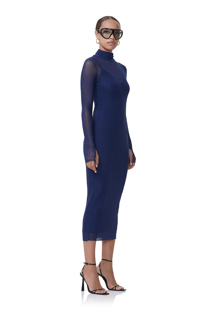 women's power mesh midi turtleneck fitted silhouette dress that includes a removable slip in rhinestone bright navy