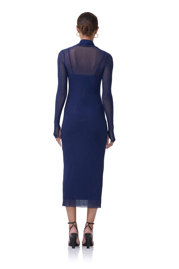 women's power mesh midi turtleneck fitted silhouette dress that includes a removable slip in rhinestone bright navy