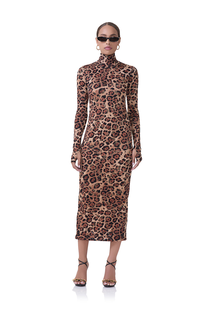 women's midi turtleneck fitted silhouette dress that includes a removable slip in crochet lace fabrication and cocoa leopard print