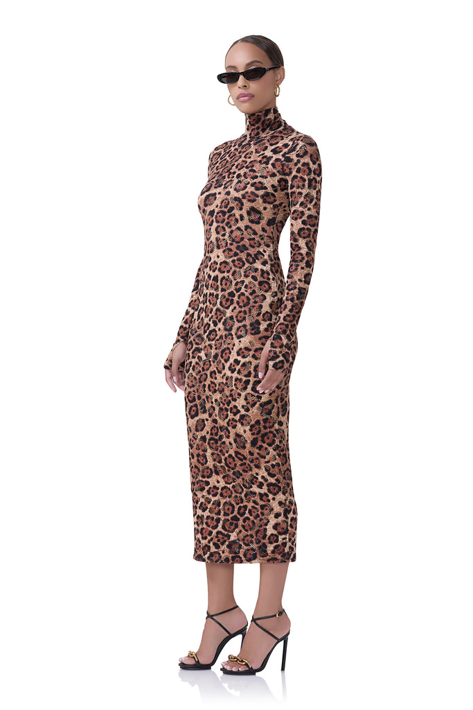 women's midi turtleneck fitted silhouette dress that includes a removable slip in crochet lace fabrication and cocoa leopard print