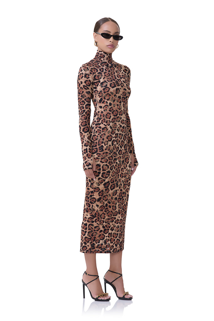 women's midi turtleneck fitted silhouette dress that includes a removable slip in crochet lace fabrication and cocoa leopard print