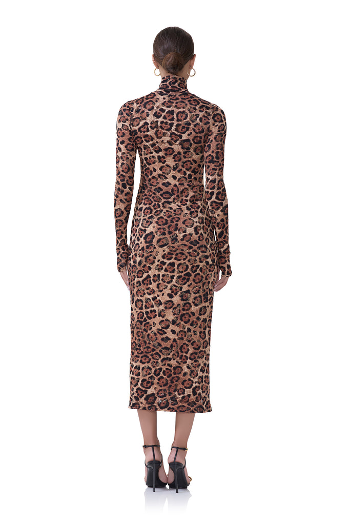 women's midi turtleneck fitted silhouette dress that includes a removable slip in crochet lace fabrication and cocoa leopard print