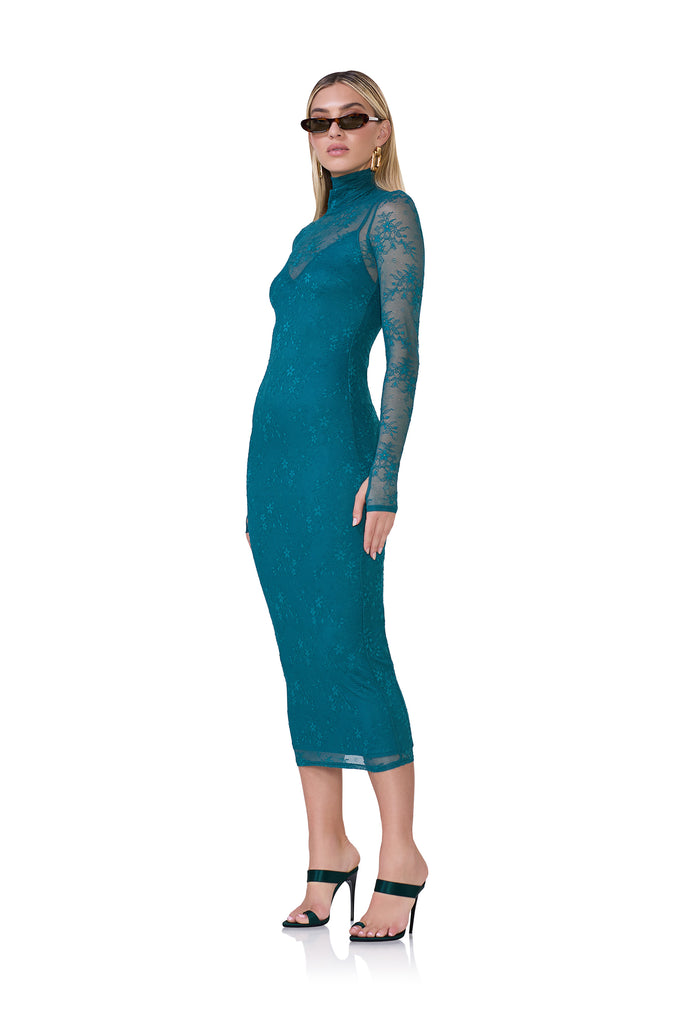 women's midi turtleneck fitted silhouette dress that includes a removable slip in delicate lace fabrication and spruce print