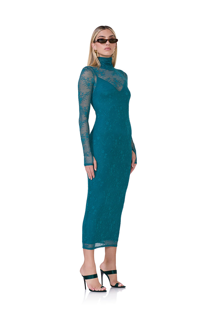 women's midi turtleneck fitted silhouette dress that includes a removable slip in delicate lace fabrication and spruce print