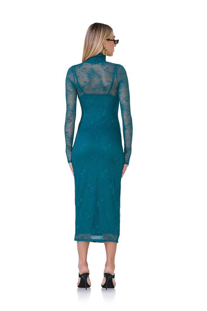 women's midi turtleneck fitted silhouette dress that includes a removable slip in delicate lace fabrication and spruce print