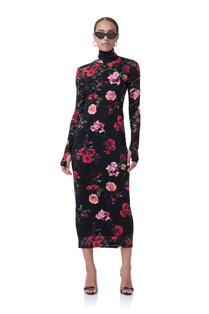 women's midi turtleneck fitted silhouette dress that includes a removable slip in crochet lace fabrication and mixed rose print