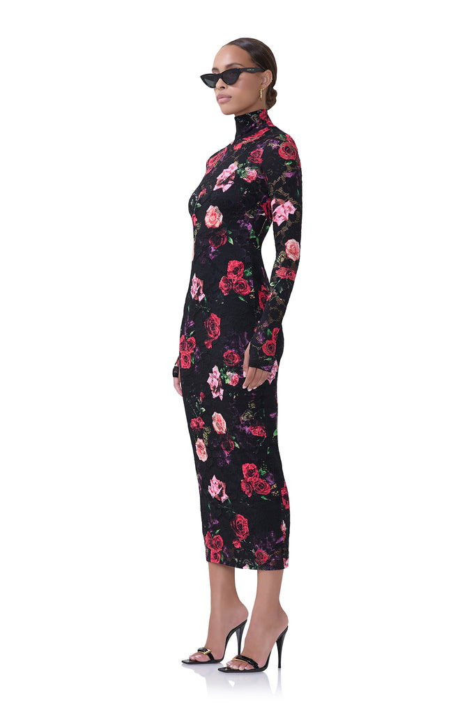 women's midi turtleneck fitted silhouette dress that includes a removable slip in crochet lace fabrication and mixed rose print