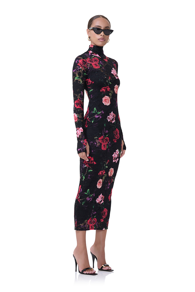 women's midi turtleneck fitted silhouette dress that includes a removable slip in crochet lace fabrication and mixed rose print