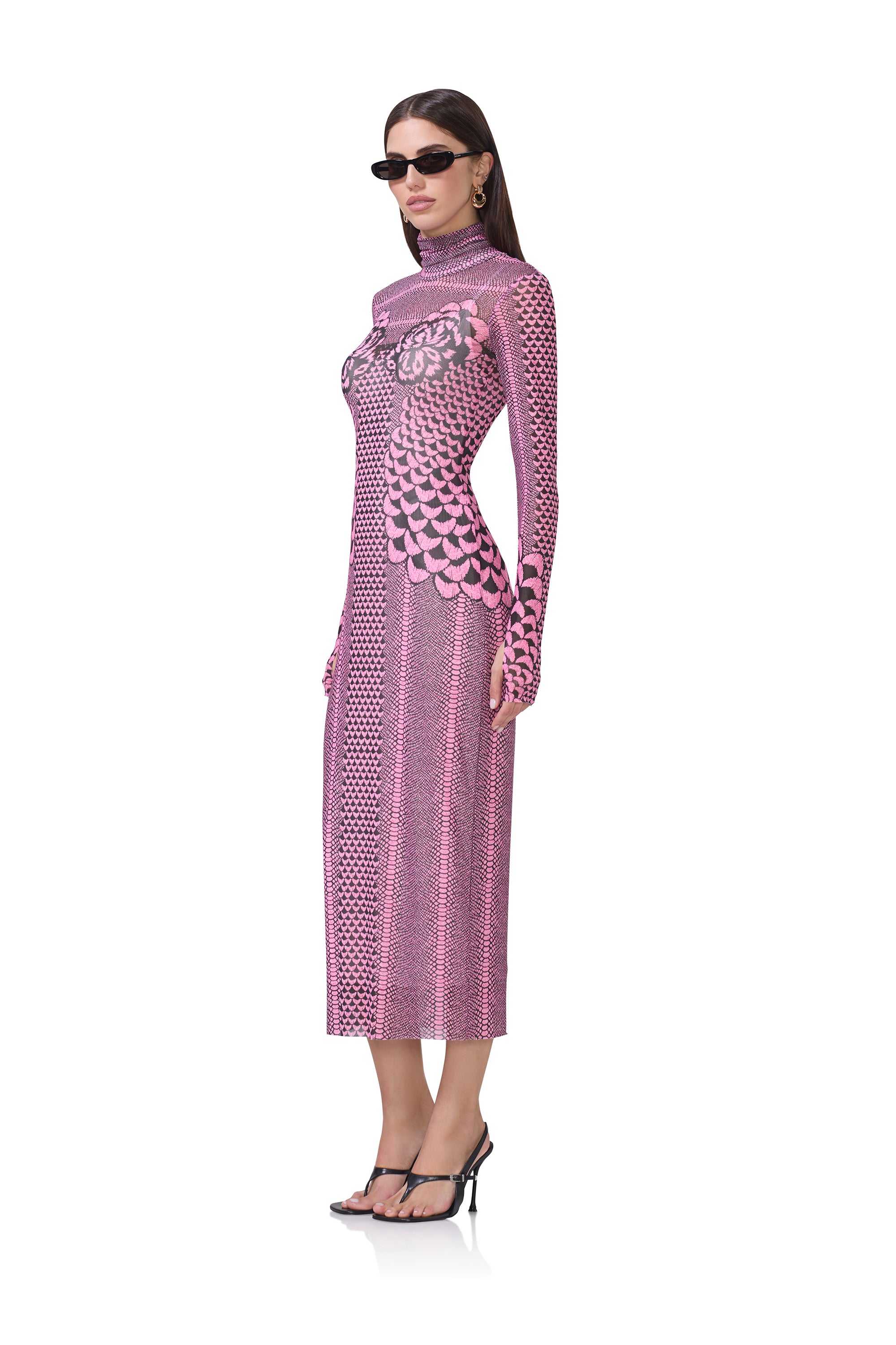shailene midi dress AFRM Shailene long sleeve turtleneck mesh midi dress in ornate purple