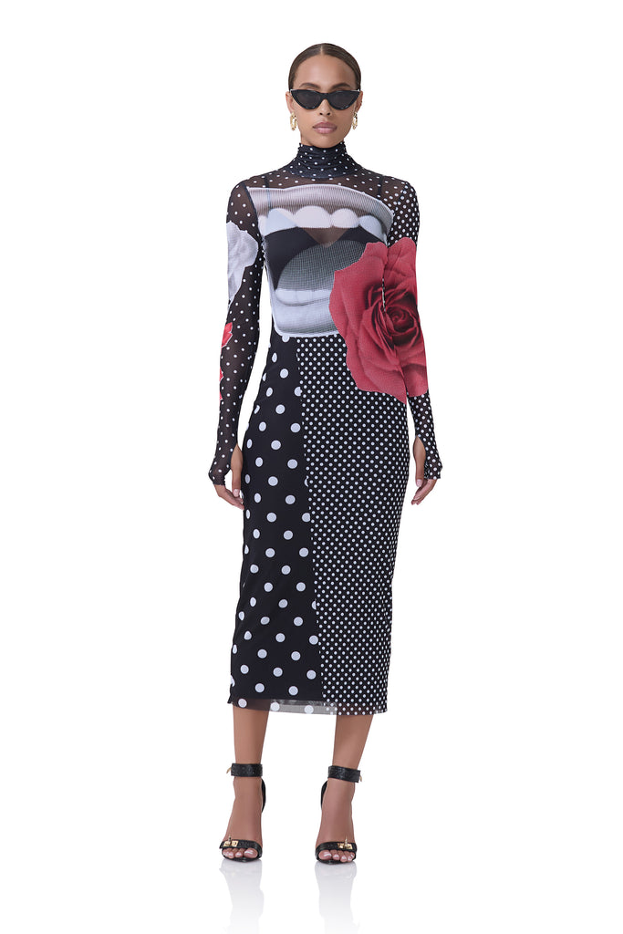 women's power mesh midi turtleneck fitted silhouette dress that includes a removable slip in smile dot print