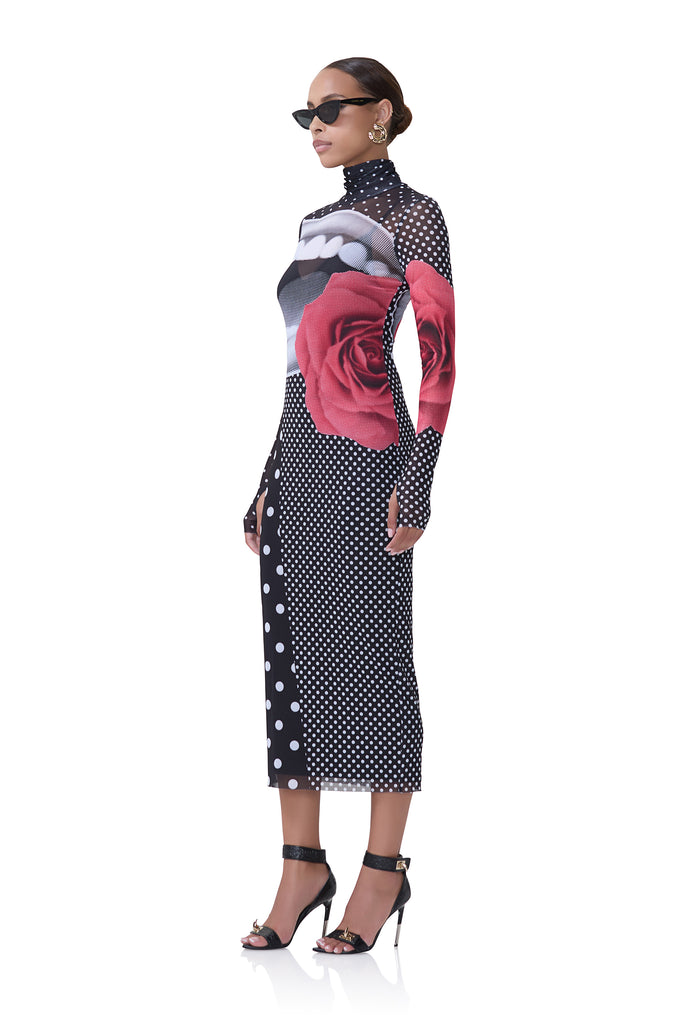 women's power mesh midi turtleneck fitted silhouette dress that includes a removable slip in smile dot print