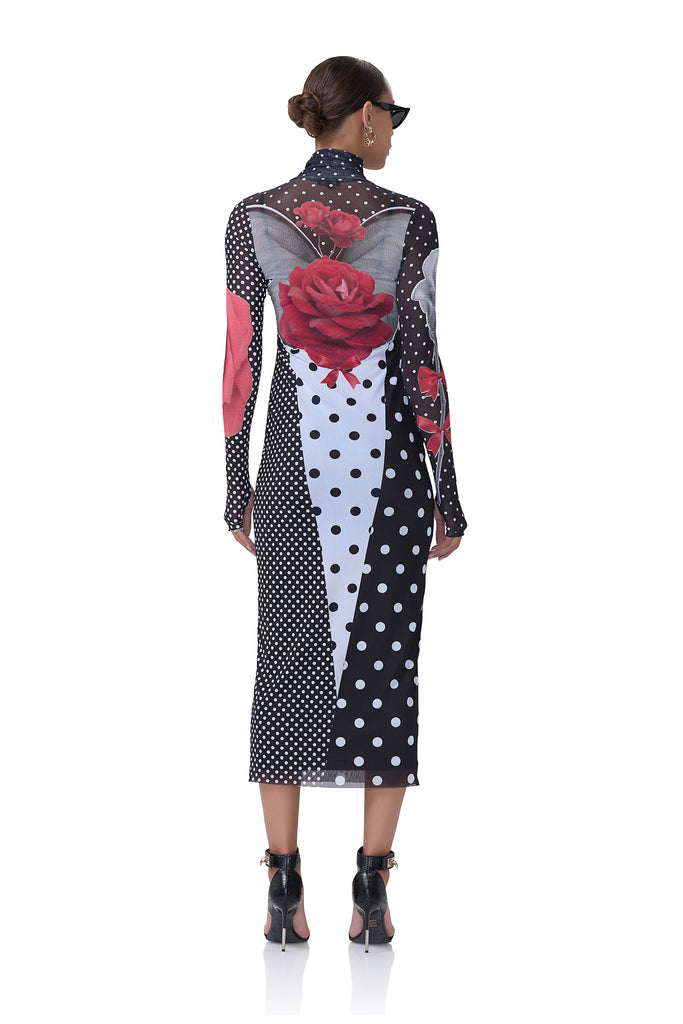 women's power mesh midi turtleneck fitted silhouette dress that includes a removable slip in smile dot print