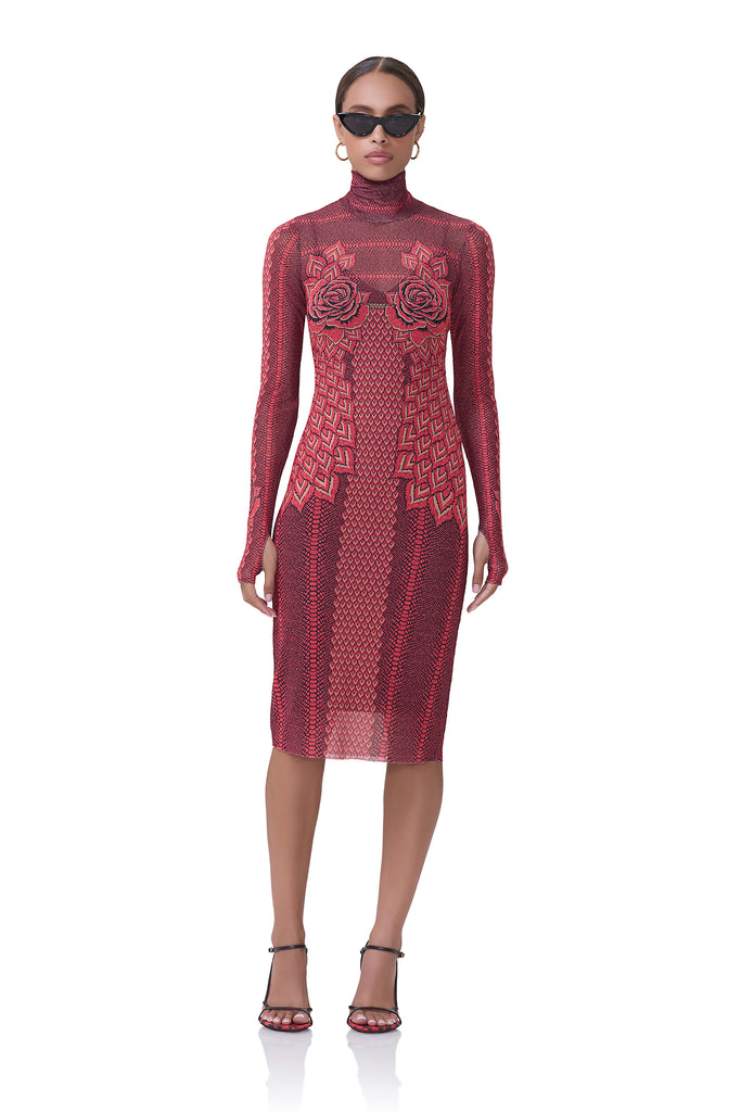 women's knee length power mesh turtleneck fitted silhouette dress that includes a removable slip in rouge guilded rose print