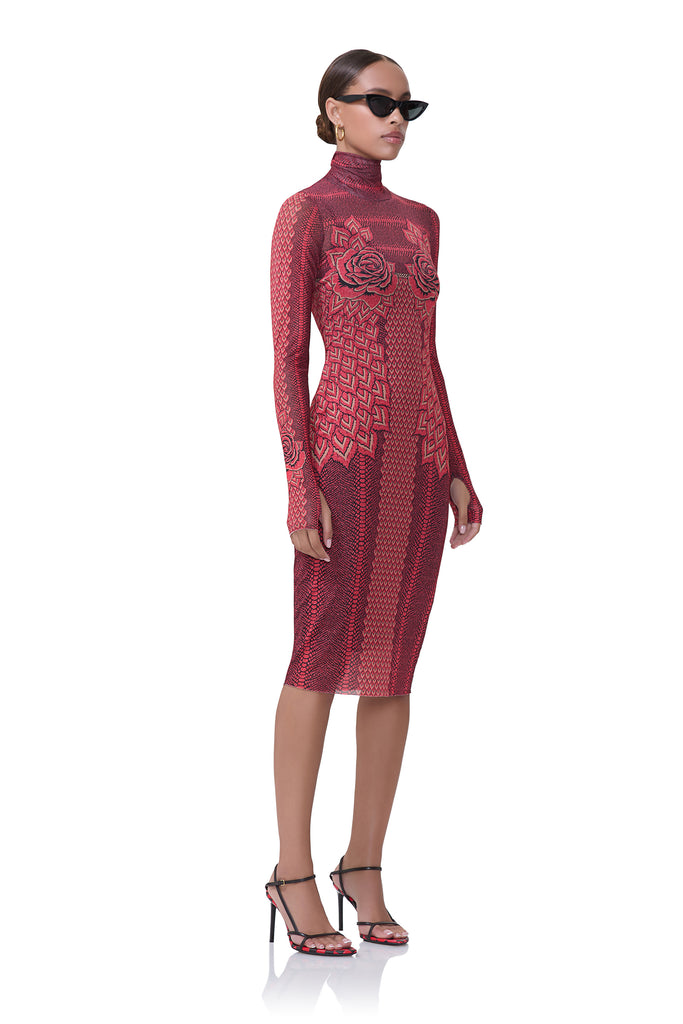 women's knee length power mesh turtleneck fitted silhouette dress that includes a removable slip in rouge guilded rose print